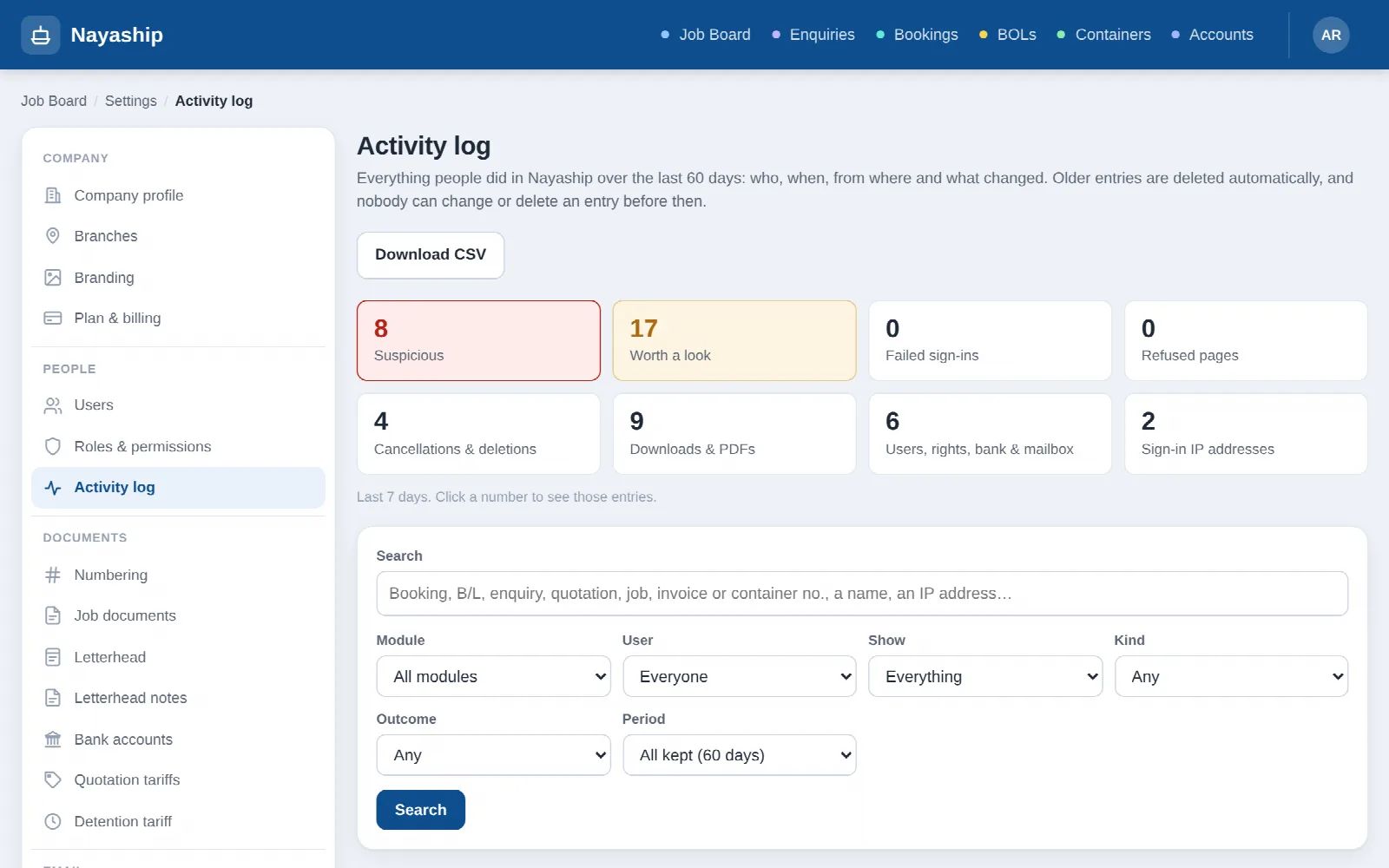 Activity log with suspicious entries counted and a search by document number