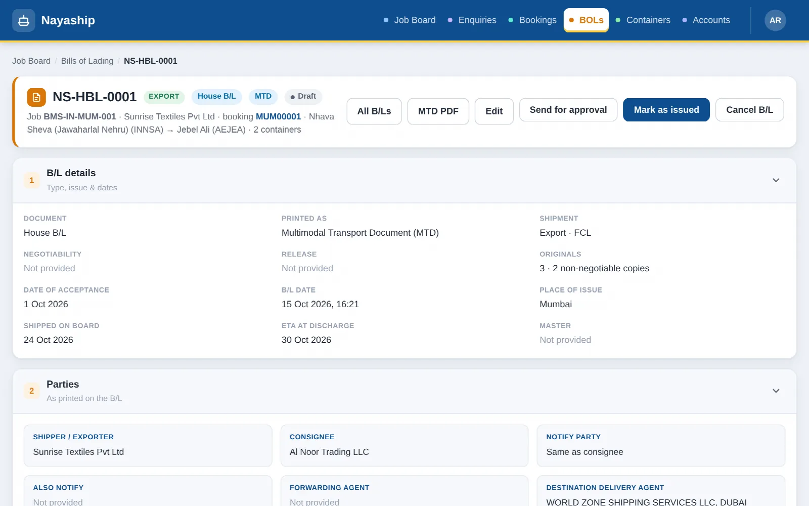 House bill of lading with its parties, dates and PDF and MTD buttons