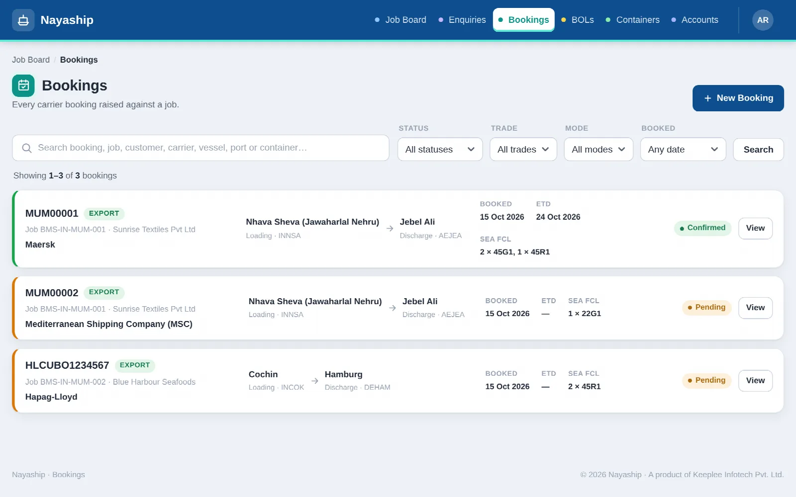 Bookings list with carrier, vessel, ports, containers and status