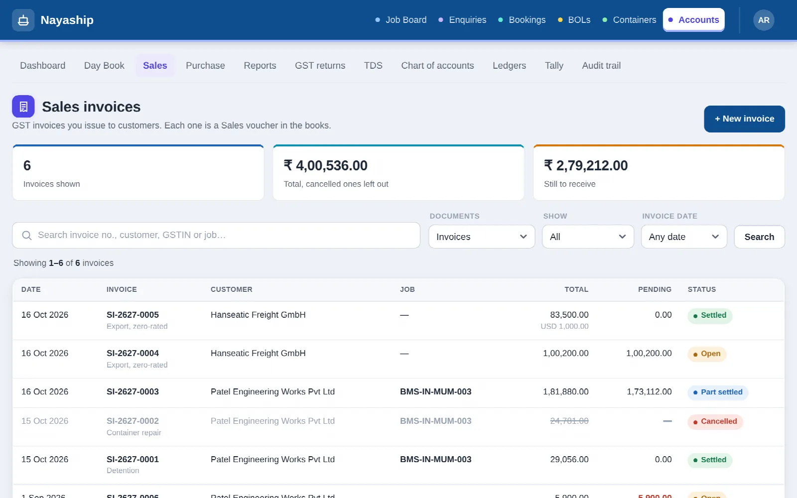 Sales invoices list with totals and what is settled or still open