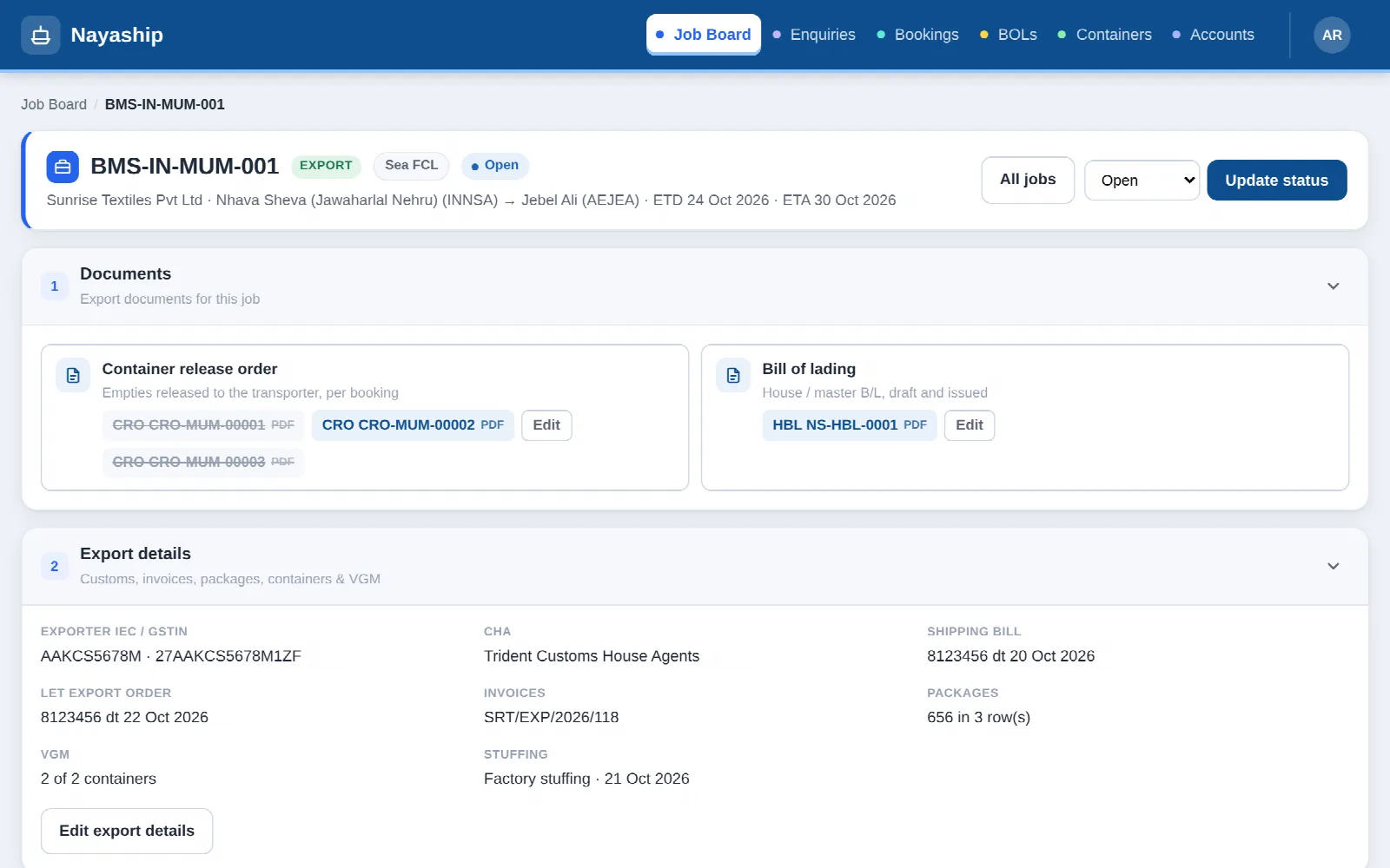 Export job page with its container release order, B/L and export details