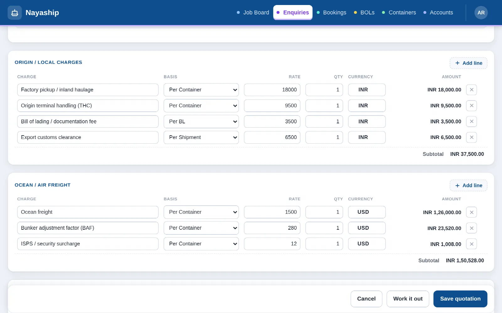 Quotation form with origin, freight and destination charges in INR and USD
